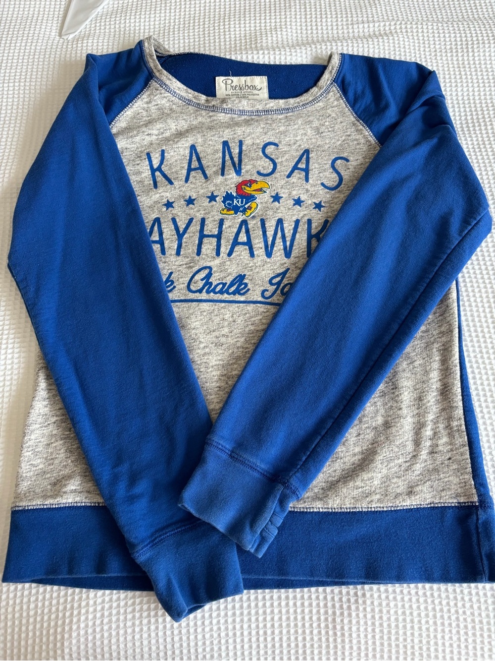 Pressbox Kansas Jayhawks Raglan Sweatshirt - Royal Blue & Heather Gray - Picture 1 of 7